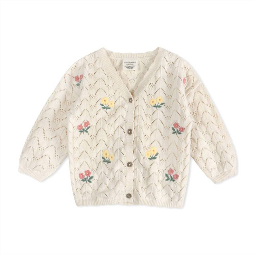 NEW VIVERANO ORGANICS girl's hazel floral textured baby knit cardigan in natural